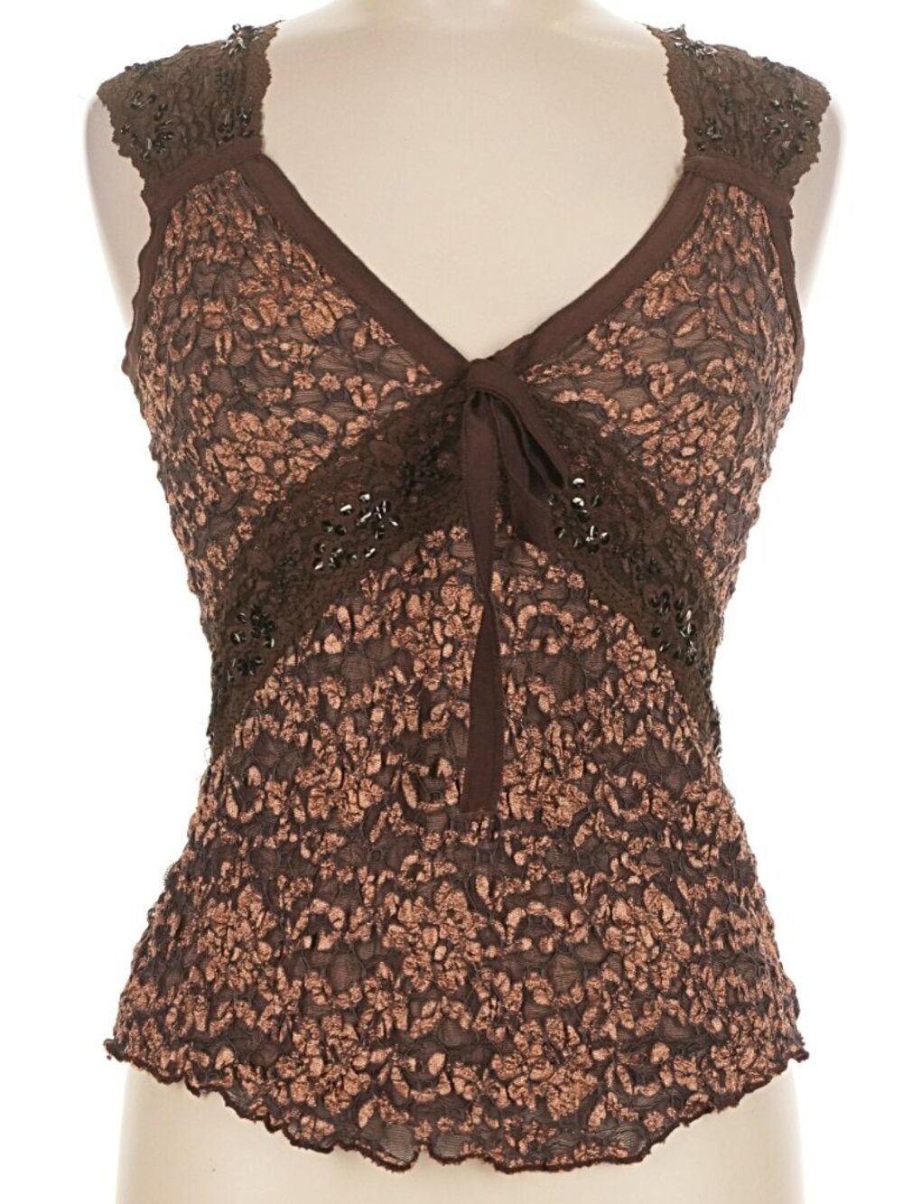 Ann Ferriday Lace and Ribbon Sleeveless Top In Brown One Size